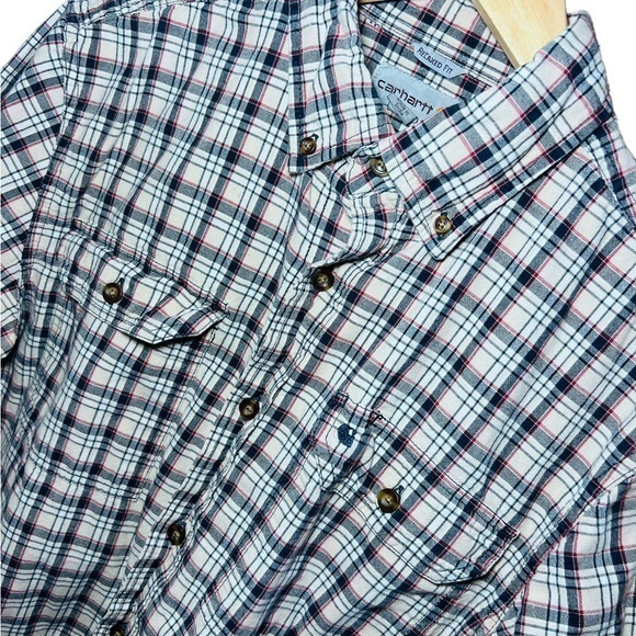 Carhartt tan/blk/red‎ plaid short Sleeve men’s button-up 2front pocket M shirt - Picture 4 of 8